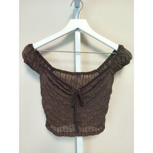 Women Brown Textured Mesh Off The Shoulder Tie Crop Top Cap Sleeve Fairy Grunge